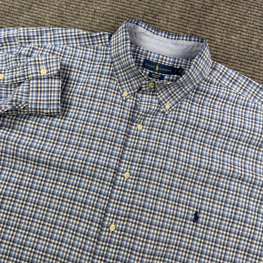 Polo Ralph Lauren Blue Gingham Check‎ Cotton Stretch Shirt Mens 2XLT Tall Casual